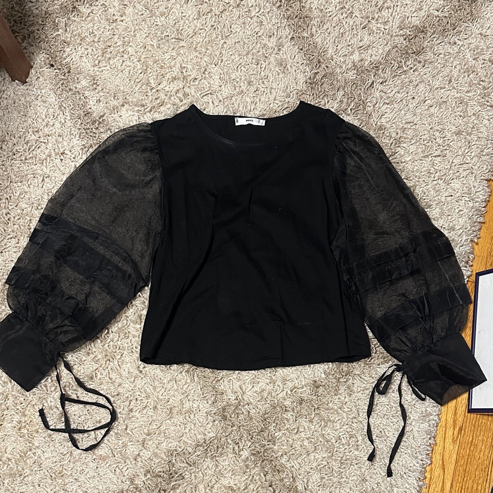 Mango Black Fitted Sheer Sleeve Blouse